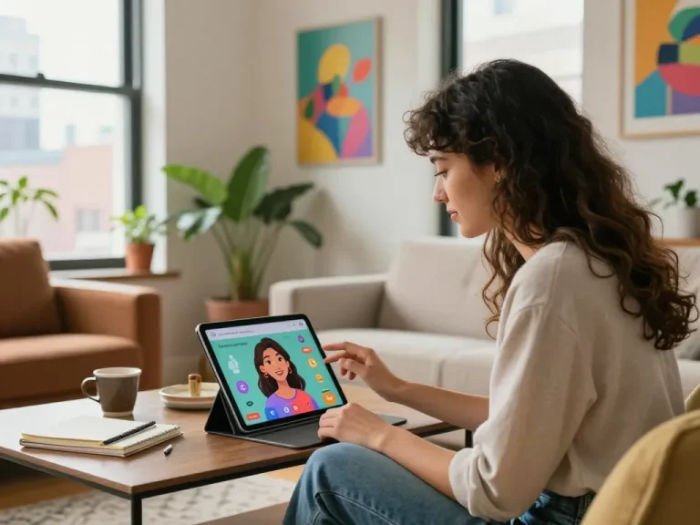 Engaging with an AI gf on a tablet in a vibrant urban apartment, showcasing modern digital companionship.