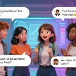 A lively scene of characters engaging in AI ecchi chat, showcasing colorful digital backgrounds and playful interactions.