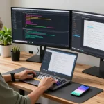 快连 software developer in a modern workspace coding on dual monitors with a vibrant atmosphere.