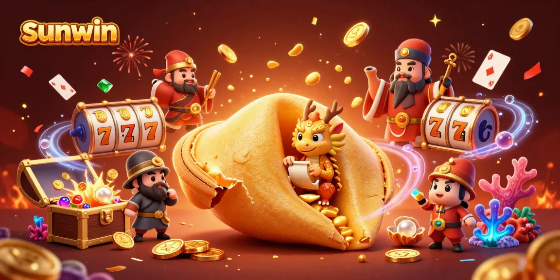 Engage with sunwin's vibrant casino world showcasing a giant golden cookie and slot reels.