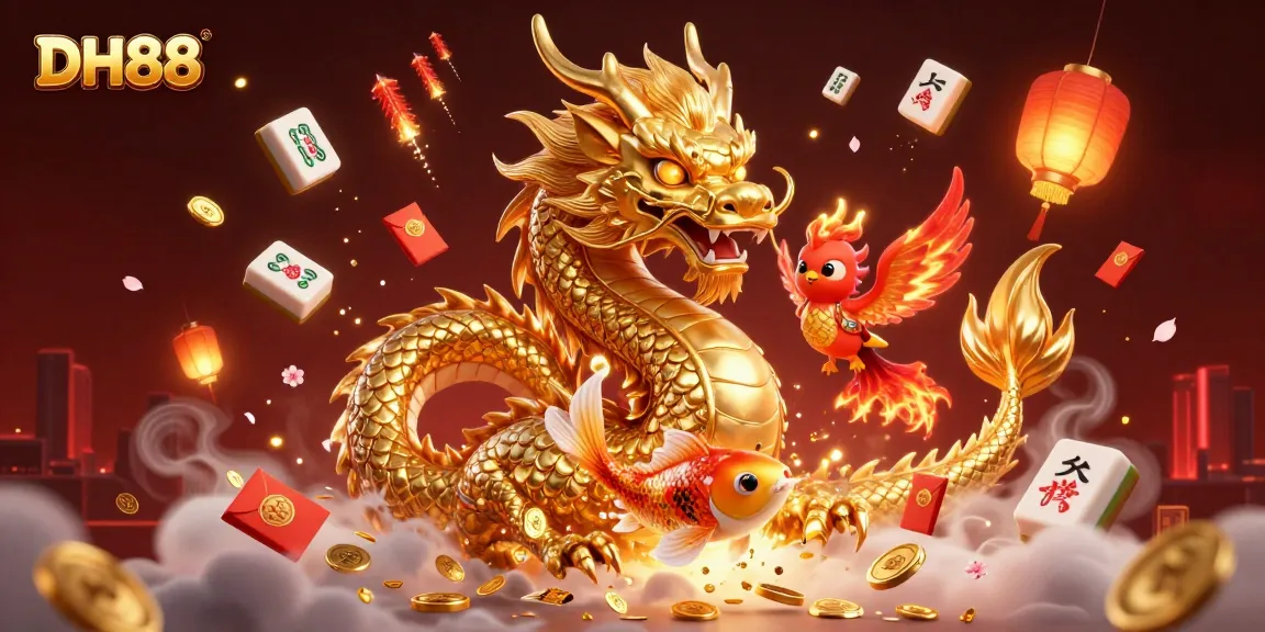 Experience thrilling gaming with DH88, featuring a golden dragon, phoenix, and koi fish amidst vibrant casino elements.