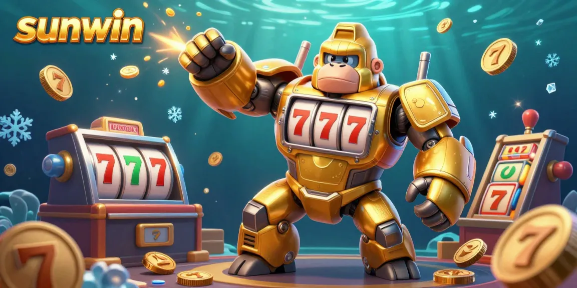 Engaging casino scene showcasing sunwin's golden gorilla mech celebrating winnings with slot reels.