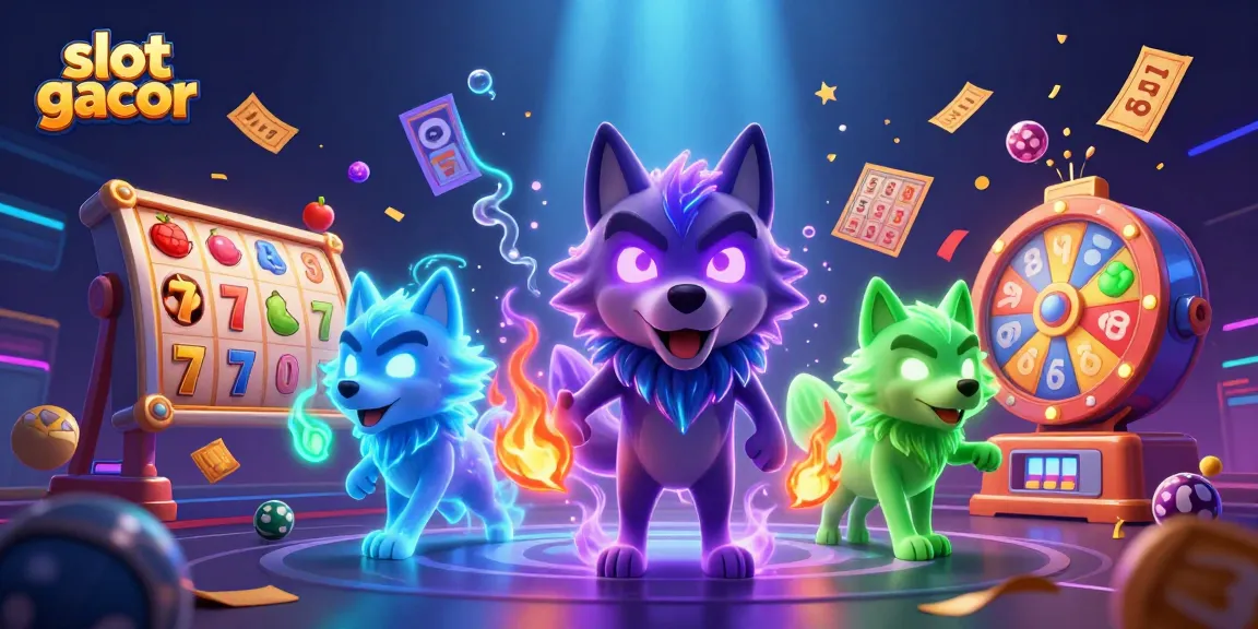 Experience the thrill of slot gacor with ghostly wolves and vibrant spinning reels in this captivating illustration.