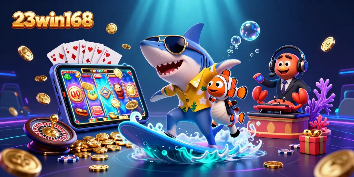 Experience the excitement of 23win168 with a lively underwater casino scene featuring a shark, clownfish, and crab DJ.