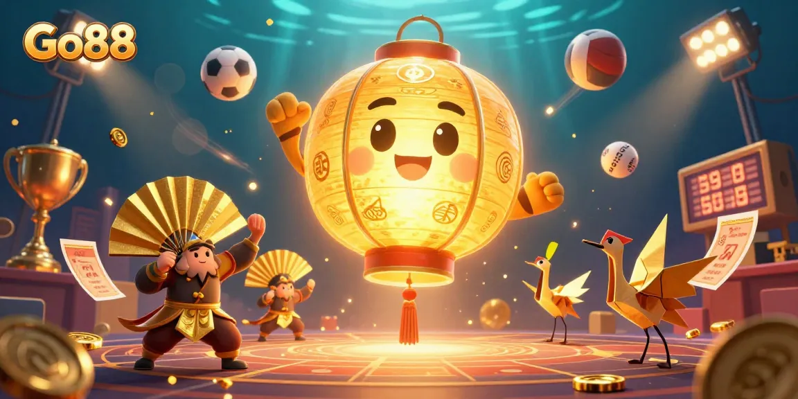 Engage with Go88's exciting gaming adventure surrounded by a magical lantern spirit and dynamic sports elements.
