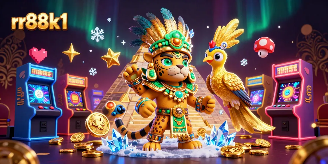 Experience rr88k1's vibrant gaming universe with a Mayan jaguar priest and a quetzal bird amidst dynamic casino gaming elements.