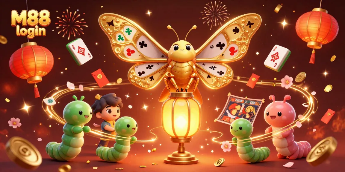 Experience M88 login with a vibrant 3D casino illustration featuring a majestic moth and dynamic casino elements.