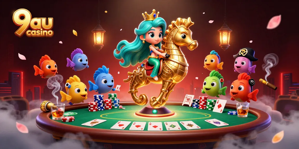 Experience the thrill of 9au casino with a magical mermaid scene featuring poker action and whimsical characters.