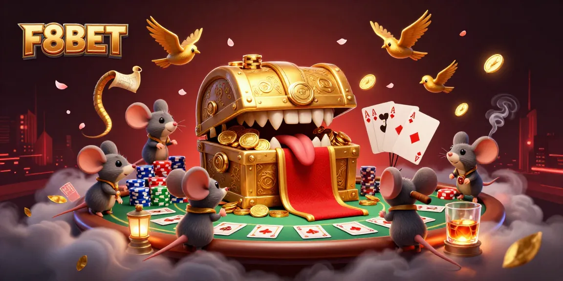 Engage with F8BET's vibrant casino scene featuring a treasure chest, poker elements, and animated rich visuals.